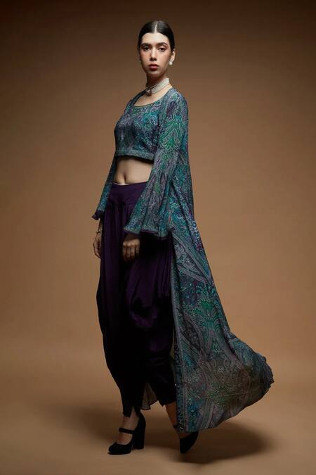 Nirraamyaa_Green Bemberg, Crepe Rhinestones Round Neck Teal Work Blouse Pant Jacket Set _at_Aza_Fashions