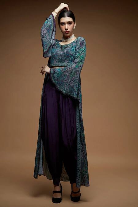 Buy_Nirraamyaa_Green Bemberg, Crepe Rhinestones Round Neck Teal Work Blouse Pant Jacket Set 