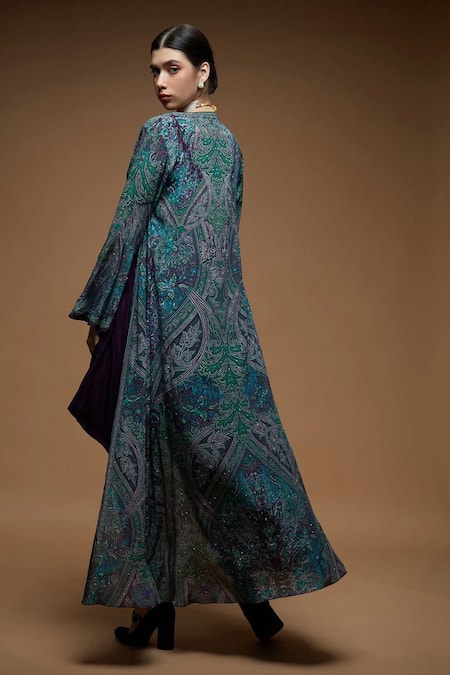 Nirraamyaa Teal Rhinestone Work Blouse Pant Jacket Set 