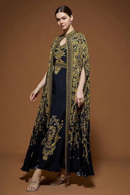 Nirraamyaa_Black Bemberg, Crepe Rhinestones, Embroidery Keyhole Designer Cape And Kurta Set _Online_at_Aza_Fashions