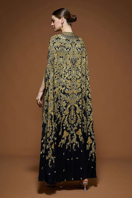 Buy_Nirraamyaa_Black Bemberg, Crepe Rhinestones, Embroidery Keyhole Designer Cape And Kurta Set _Online_at_Aza_Fashions