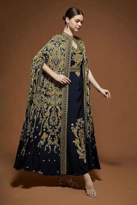Shop_Nirraamyaa_Black Bemberg, Crepe Rhinestones, Embroidery Keyhole Designer Cape And Kurta Set _Online_at_Aza_Fashions