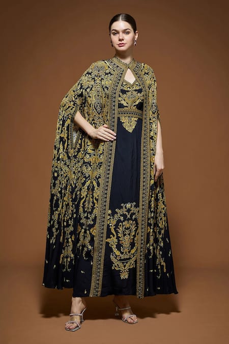 Nirraamyaa_Black Bemberg, Crepe Rhinestones, Embroidery Keyhole Designer Cape And Kurta Set _at_Aza_Fashions