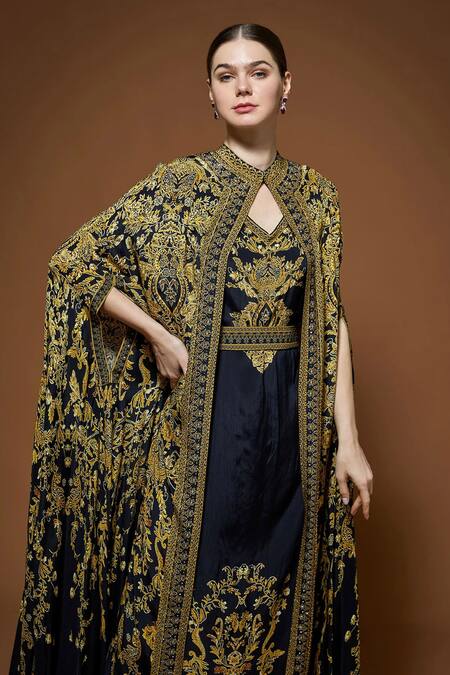 Buy_Nirraamyaa_Black Bemberg, Crepe Rhinestones, Embroidery Keyhole Designer Cape And Kurta Set 