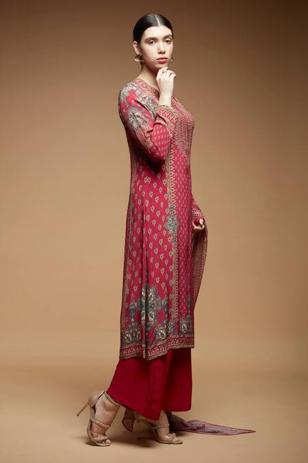 Nirraamyaa_Red Bemberg, Georgette, Crepe Rhinestones Round Fuchsia Designer Kurta Pant Set _Online_at_Aza_Fashions
