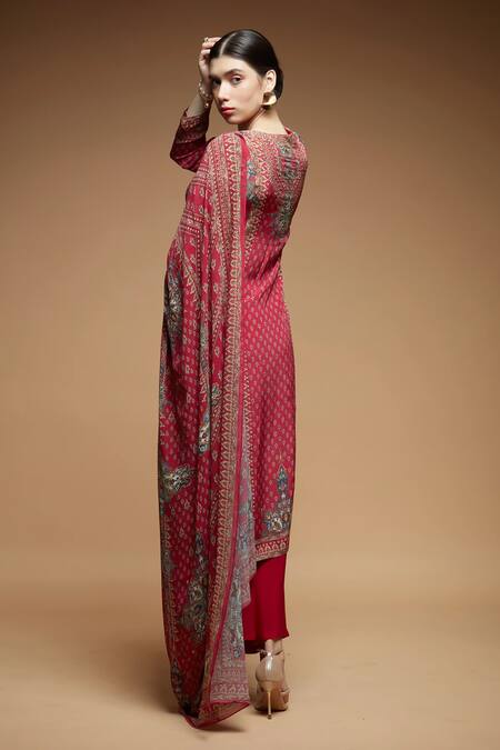 Buy_Nirraamyaa_Red Bemberg, Georgette, Crepe Rhinestones Round Fuchsia Designer Kurta Pant Set _Online_at_Aza_Fashions