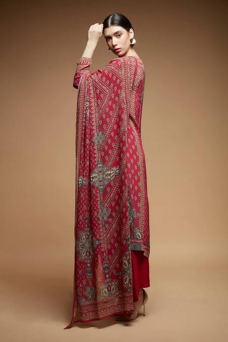 Shop_Nirraamyaa_Red Bemberg, Georgette, Crepe Rhinestones Round Fuchsia Designer Kurta Pant Set _Online_at_Aza_Fashions