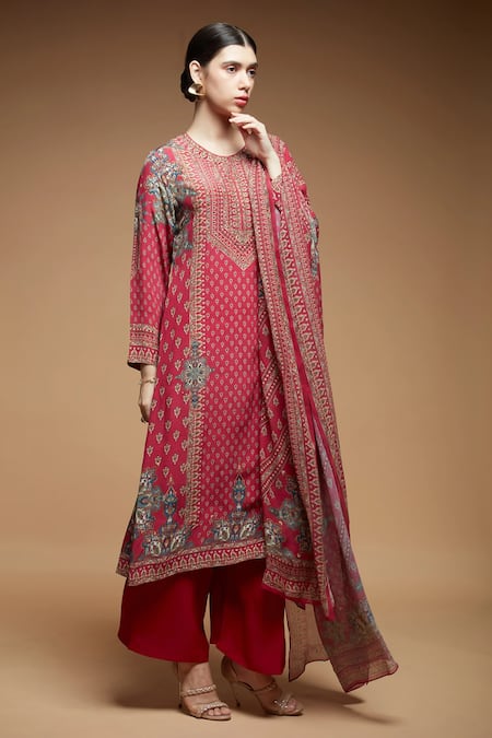 Nirraamyaa_Red Bemberg, Georgette, Crepe Rhinestones Round Fuchsia Designer Kurta Pant Set _at_Aza_Fashions