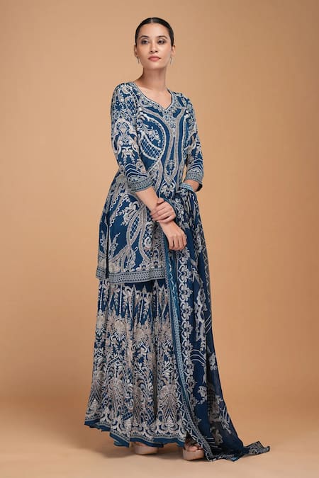 Nirraamyaa_Blue Bemberg, Crepe Rhinestones Round Neck Designer Kurta Sharara Set _Online_at_Aza_Fashions