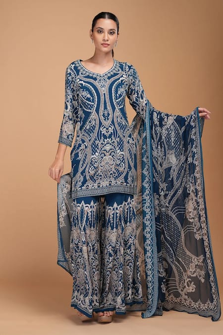 Buy_Nirraamyaa_Blue Bemberg, Crepe Rhinestones Round Neck Designer Kurta Sharara Set _Online_at_Aza_Fashions