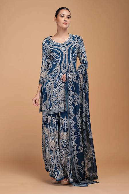 Nirraamyaa_Blue Bemberg, Crepe Rhinestones Round Neck Designer Kurta Sharara Set _at_Aza_Fashions