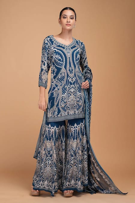 Buy_Nirraamyaa_Blue Bemberg, Crepe Rhinestones Round Neck Designer Kurta Sharara Set 