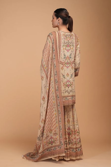 Nirraamyaa_Beige Bemberg, Crepe Rhinestones Round Neck Floral Kurta Set _Online_at_Aza_Fashions