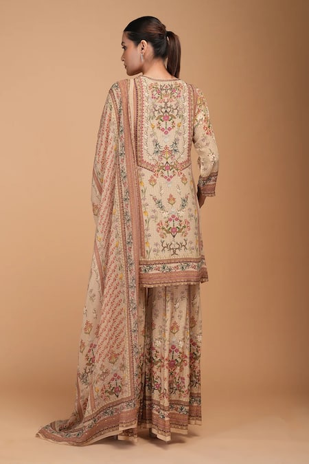 Nirraamyaa Beige Floral Rhinestone Kurta Set 