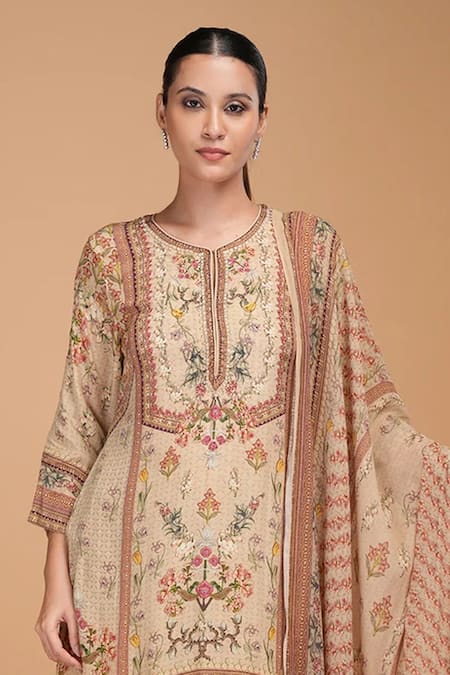 Buy_Nirraamyaa_Beige Bemberg, Crepe Rhinestones Round Neck Floral Kurta Set _Online_at_Aza_Fashions