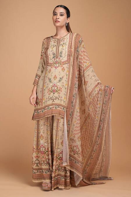 Shop_Nirraamyaa_Beige Bemberg, Crepe Rhinestones Round Neck Floral Kurta Set _Online_at_Aza_Fashions