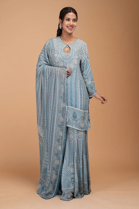 Nirraamyaa_Aqua Bemberg, Crepe Rhinestones Keyhole Neck Embellished Kurta Set _Online_at_Aza_Fashions