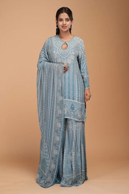 Buy_Nirraamyaa_Aqua Bemberg, Crepe Rhinestones Keyhole Neck Embellished Kurta Set _Online_at_Aza_Fashions