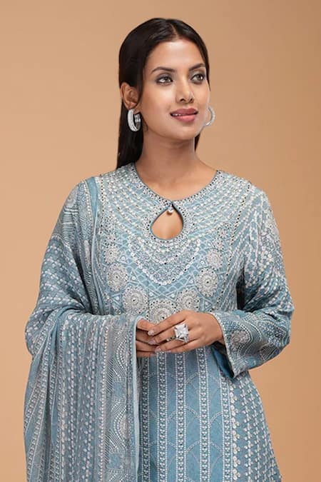 Shop_Nirraamyaa_Aqua Bemberg, Crepe Rhinestones Keyhole Neck Embellished Kurta Set _Online_at_Aza_Fashions