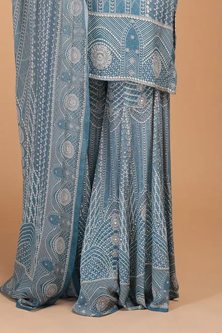 Buy_Nirraamyaa_Aqua Bemberg, Crepe Rhinestones Keyhole Neck Embellished Kurta Set 