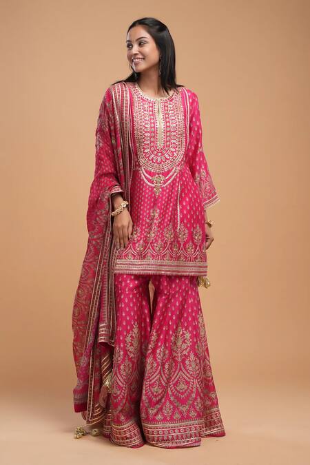 Buy_Nirraamyaa_Fuchsia Chanderi, Organza Embroidery, Rhinestones, Gota Patti Hand Kurta Set _Online_at_Aza_Fashions