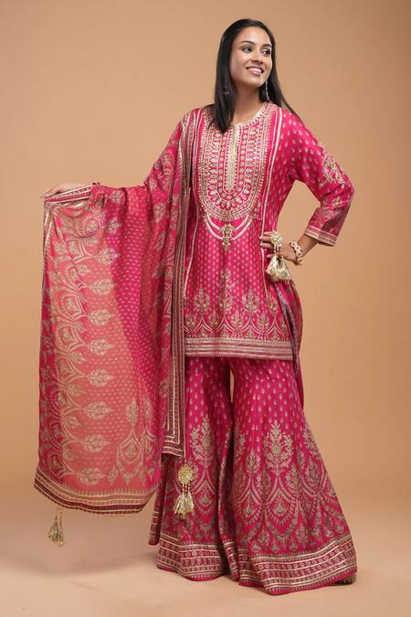 Shop_Nirraamyaa_Fuchsia Chanderi, Organza Embroidery, Rhinestones, Gota Patti Hand Kurta Set _Online_at_Aza_Fashions