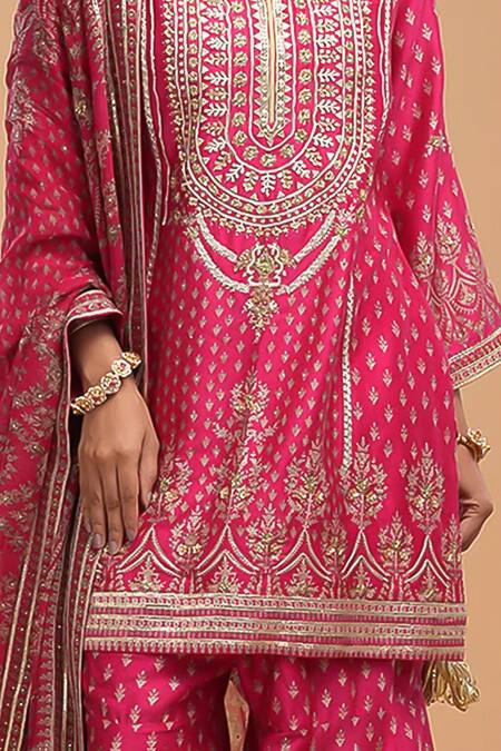 Nirraamyaa_Fuchsia Chanderi, Organza Embroidery, Rhinestones, Gota Patti Hand Kurta Set _at_Aza_Fashions