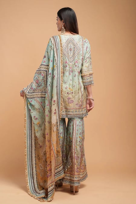 Nirraamyaa Aqua Hand Embroidered Kurta Sharara Set 