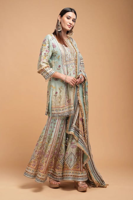 Nirraamyaa_Aqua Chanderi, Organza Rhinestones, Gota Patti, Hand Kurta Sharara Set _Online_at_Aza_Fashions