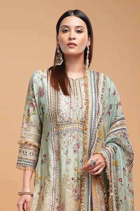 Buy_Nirraamyaa_Aqua Chanderi, Organza Rhinestones, Gota Patti, Hand Kurta Sharara Set _Online_at_Aza_Fashions