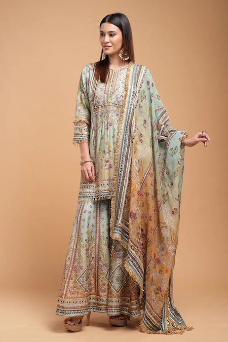 Shop_Nirraamyaa_Aqua Chanderi, Organza Rhinestones, Gota Patti, Hand Kurta Sharara Set _Online_at_Aza_Fashions