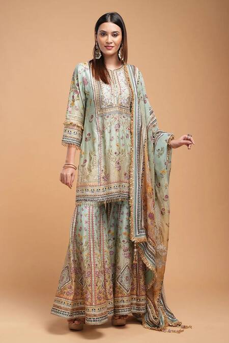 Nirraamyaa_Aqua Chanderi, Organza Rhinestones, Gota Patti, Hand Kurta Sharara Set _at_Aza_Fashions