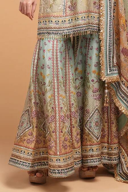 Buy_Nirraamyaa_Aqua Chanderi, Organza Rhinestones, Gota Patti, Hand Kurta Sharara Set 