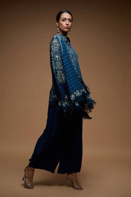 Nirraamyaa_Blue Bemberg, Crepe Designer Cape And Dhoti Pant Set _Online_at_Aza_Fashions