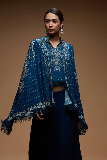 Buy_Nirraamyaa_Blue Bemberg, Crepe Designer Cape And Dhoti Pant Set _Online_at_Aza_Fashions