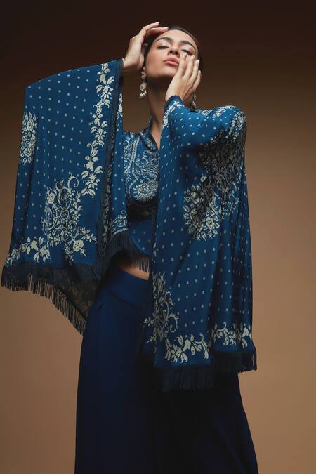 Shop_Nirraamyaa_Blue Bemberg, Crepe Designer Cape And Dhoti Pant Set _Online_at_Aza_Fashions