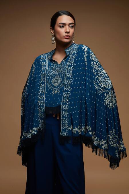 Nirraamyaa_Blue Bemberg, Crepe Designer Cape And Dhoti Pant Set _at_Aza_Fashions