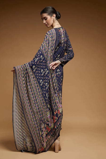 Nirraamyaa_Blue Bemberg, Crepe, Georgette Rhinestones Round Neck Designer Kurta Pant Set _Online_at_Aza_Fashions