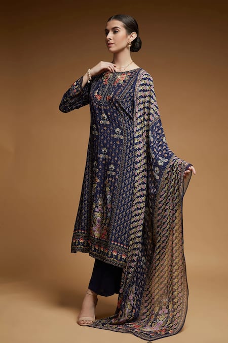 Buy_Nirraamyaa_Blue Bemberg, Crepe, Georgette Rhinestones Round Neck Designer Kurta Pant Set _Online_at_Aza_Fashions