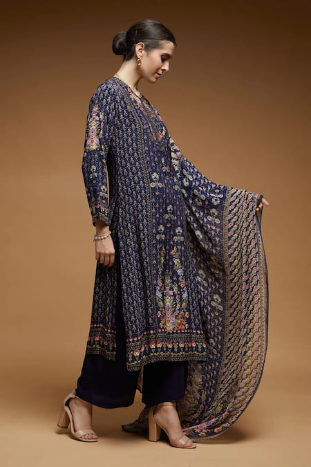 Shop_Nirraamyaa_Blue Bemberg, Crepe, Georgette Rhinestones Round Neck Designer Kurta Pant Set _Online_at_Aza_Fashions