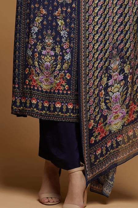 Nirraamyaa_Blue Bemberg, Crepe, Georgette Rhinestones Round Neck Designer Kurta Pant Set _at_Aza_Fashions