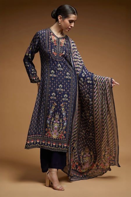 Buy_Nirraamyaa_Blue Bemberg, Crepe, Georgette Rhinestones Round Neck Designer Kurta Pant Set 