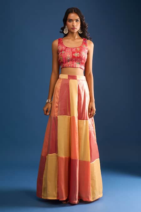 Buy_Naintara Bajaj_Multi Color Brocade, Silk Embroidery Round Neck Lehenga Set 