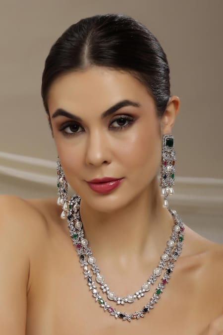Ruby Raang Multi Color Gemstones, Pearls Stone Double Layered Necklace And Earrings 