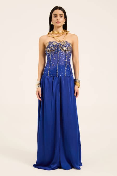 Shop Ruhr India Blue Organza Beads, Mirrors, Sequins Sweetheart Ink Hand-embroidered Corset Top Online at Aza Fashions Shop_Ruhr India_Blue Organza Beads, Mirrors, Sequins Sweetheart Ink Hand-embroidered Corset Top _Online_at_Aza_Fashions