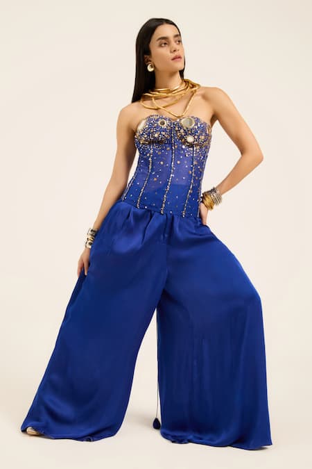 Buy Ruhr India Blue Organza Beads, Mirrors, Sequins Sweetheart Ink Hand-embroidered Corset Top Buy_Ruhr India_Blue Organza Beads, Mirrors, Sequins Sweetheart Ink Hand-embroidered Corset Top