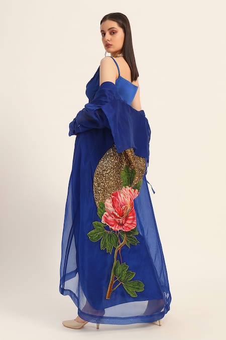 Shop Ruhr India Blue Organza Embroidery Round Neck Ink Designer Hand Jacket Shop_Ruhr India_Blue Organza Embroidery Round Neck Ink Designer Hand Jacket