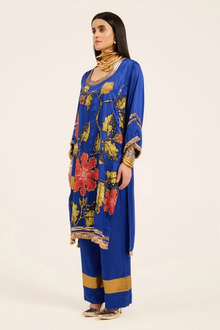 Buy Ruhr India Blue Satin Embroidery, Sequins Round Neck Ink Hand Kurta Set Buy_Ruhr India_Blue Satin Embroidery, Sequins Round Neck Ink Hand Kurta Set