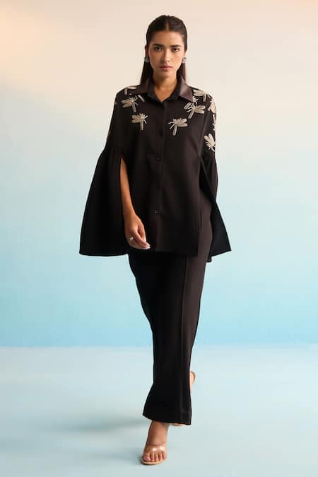 House Of Armuse Black Twill Zari Collared Embroidered Valeska Coord Set
