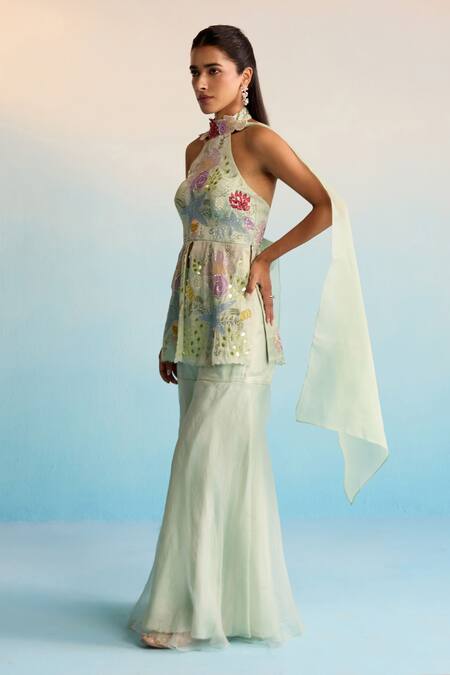 Shop House Of Armuse Mint Organza Sequins Halter Neck Ocean Breeze Sharara Set Shop_House Of Armuse_Mint Organza Sequins Halter Neck Ocean Breeze Sharara Set